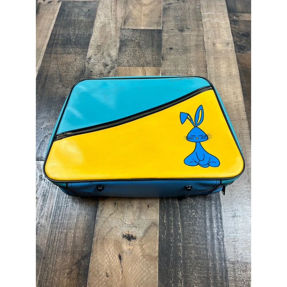 Vintage 70s Blue Yellow Bunny Nesting Suitcase Set Retro Mod Travel Bags 2pc
